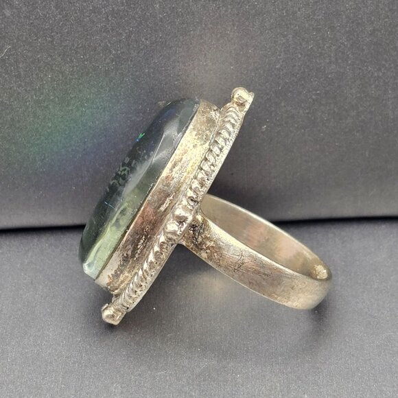 925 Sterling Silver Plt Dichroic Glass Ring Size 9 Green Iridescent Bezel Settin - Picture 2 of 12